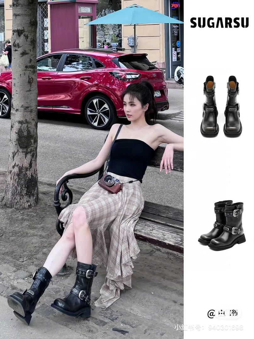 白鹿赵今麦同款|SugarSu酥履秋冬牛皮美拉德时装高跟骑士短靴女