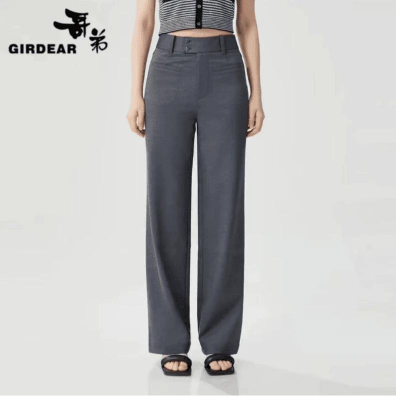 GIRDEAR/哥弟2024冬季植绒两粒扣高腰直筒裤气质显瘦长裤 1100469