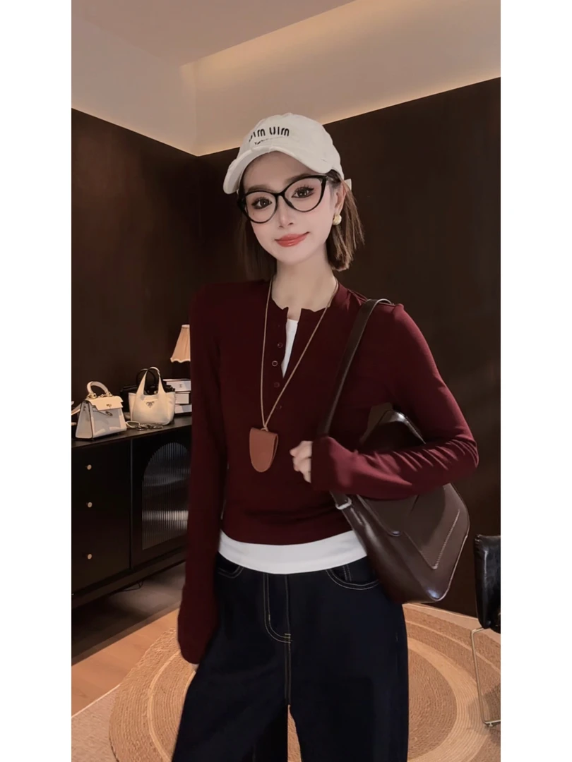 【Zz】假两件纽扣针织长袖撞色设计感打底衫长袖V领显瘦上衣ZY-016