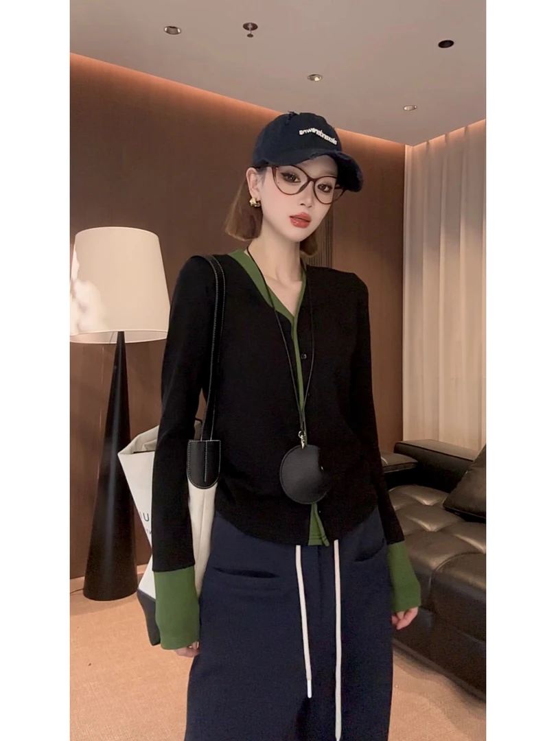 【Zz】撞色V领针织开衫秋冬气质轻熟风百搭洋气显瘦开衫上衣ZY-135