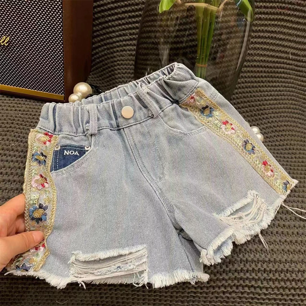 HHkids儿童拼接花边浅蓝色牛仔短裤2024夏宽松破洞毛边热裤FDK224