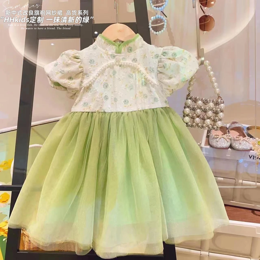 HHkids女童改良新国风泡泡短袖钉珠拼接网纱公主裙2024夏装BQZ414