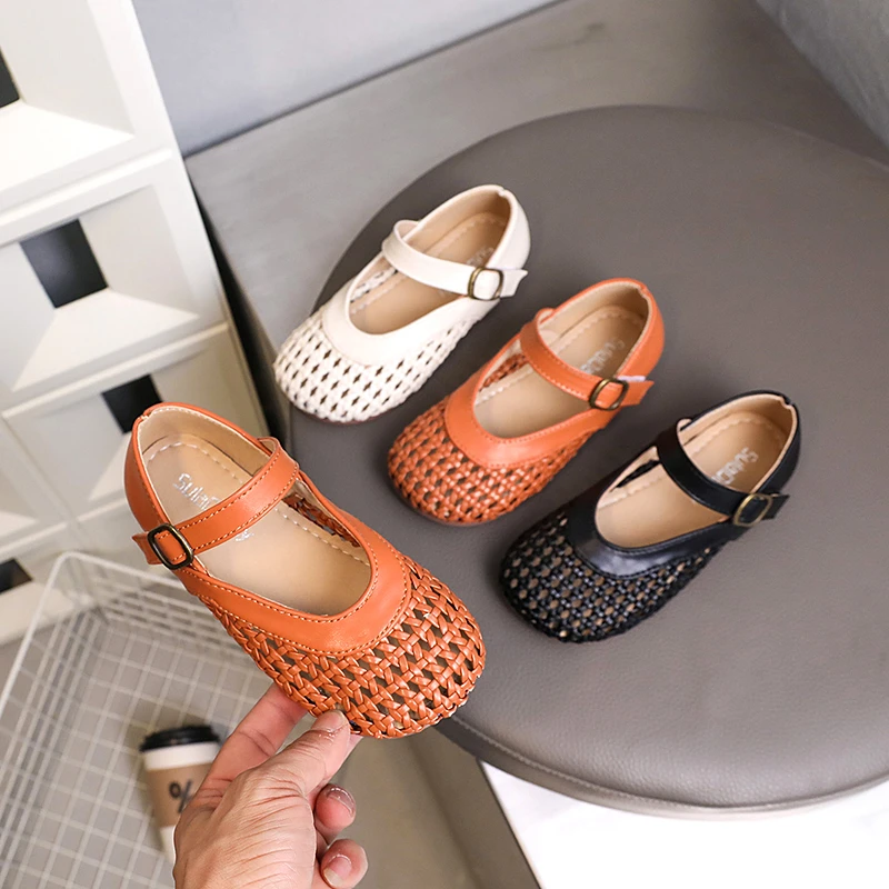 HHkids女童编织小皮鞋2024夏季韩国奶奶鞋儿童镂空包头凉鞋HXZ214