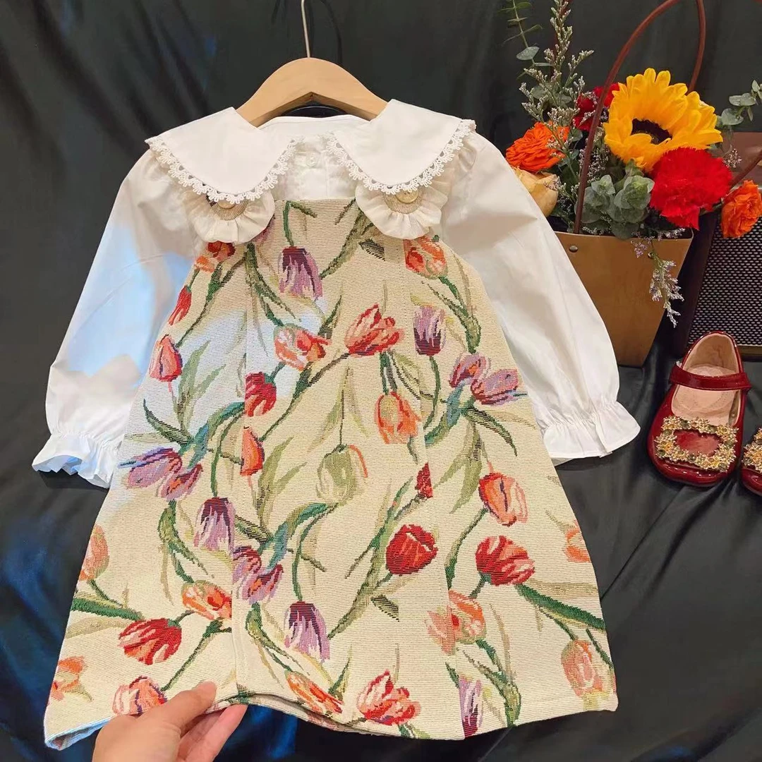 HHkids复古提花吊带连衣裙夏季日系少女无袖A字背带裙套装ETZ230