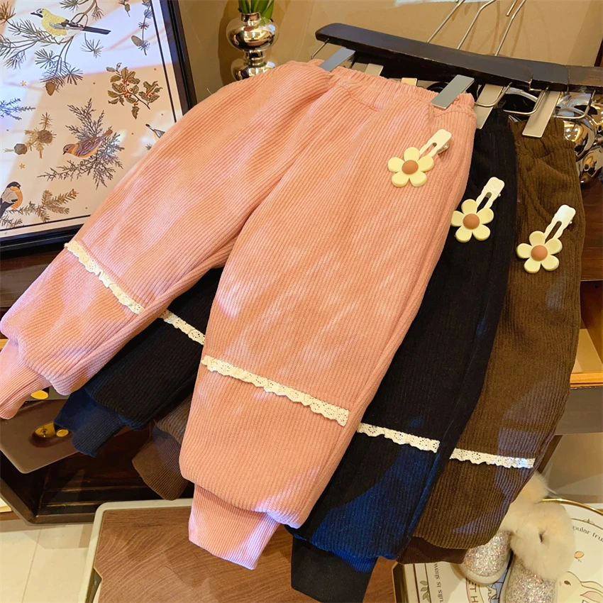 HHkids女童加绒裤子冬卫裤女孩洋气时髦条绒裤2024灯笼裤EKZ303