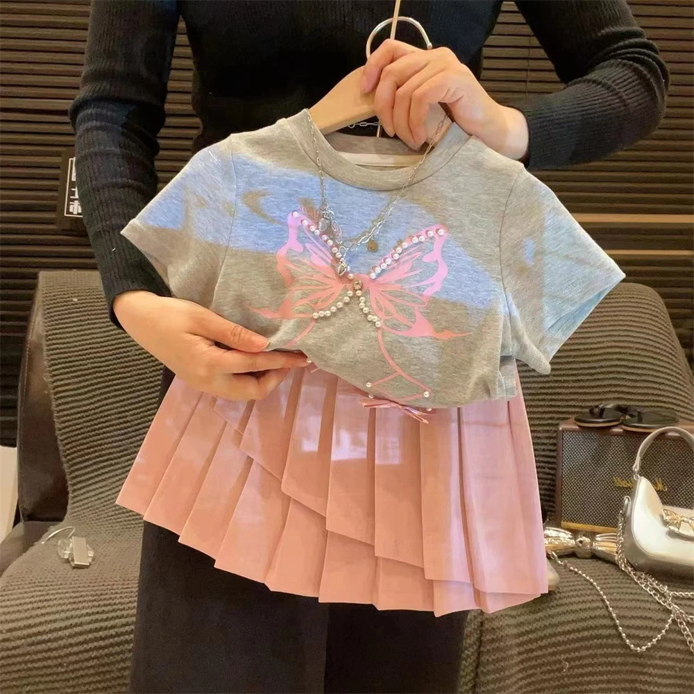 HHkids女童短袖套装2024新款中小童蝴蝶结T恤蛋糕裙两件套CTZ324