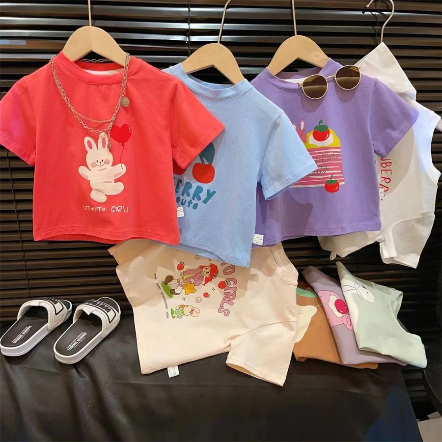 H女童宝宝卡通印花短袖打底衫2024夏季多色百搭休闲宽松T恤ADT000
