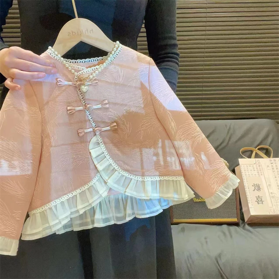 HHkids女童时髦新中式花边袖盘扣复古气质上衣外套2024春季AWT223