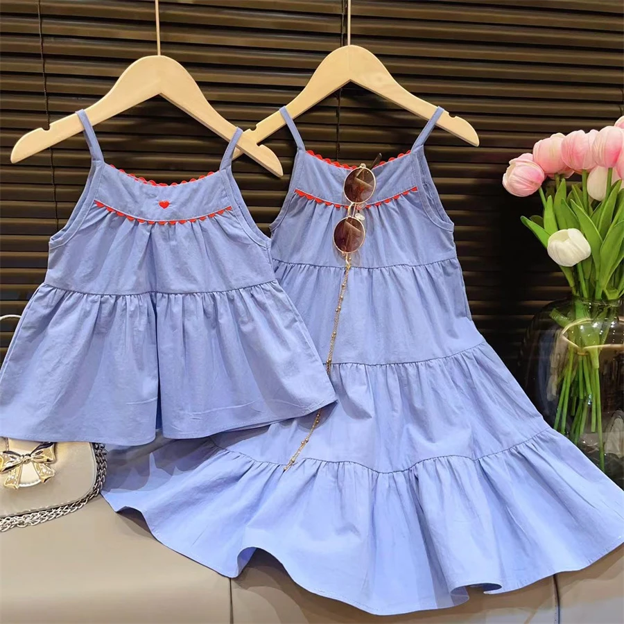 HHkids童装女童蓝色吊带裙夏季洋气裙子宝宝小清新连衣裙EQZ336