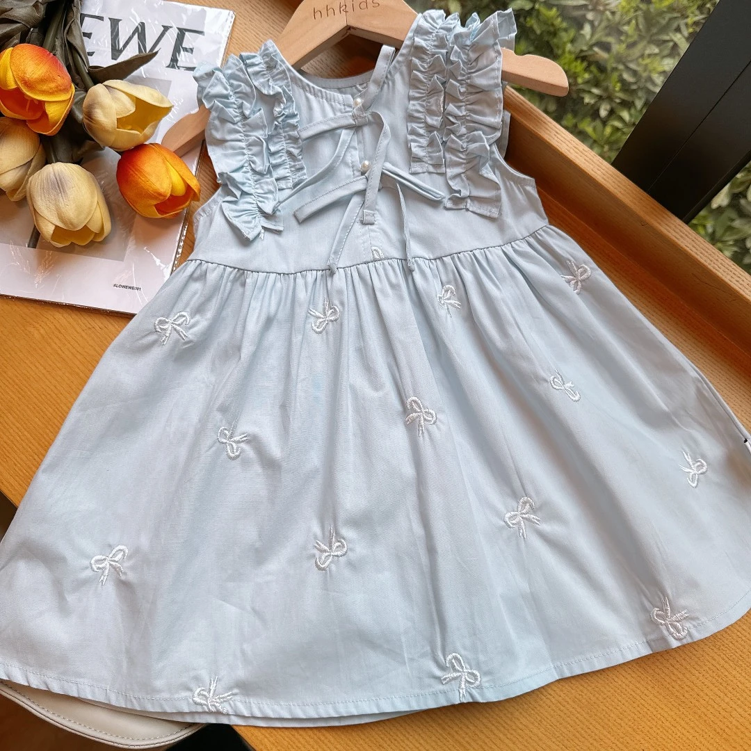 HHkids甜美连衣裙2024夏季新款宝宝飞袖刺绣蝴蝶结公主裙BQZ358