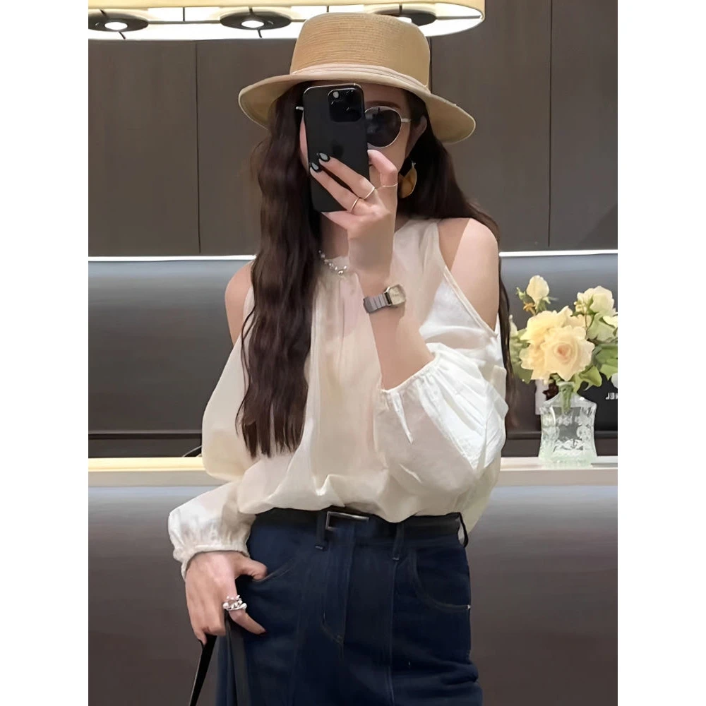 法式薄款露肩雪纺衬衫女夏季2025新款纯色宽松显瘦衬衣设计感上衣