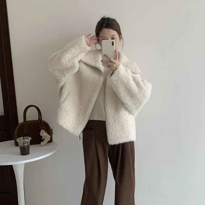 韩版羊羔绒外套女秋冬2025新款翻领拉链加厚保暖皮毛一体毛毛上衣