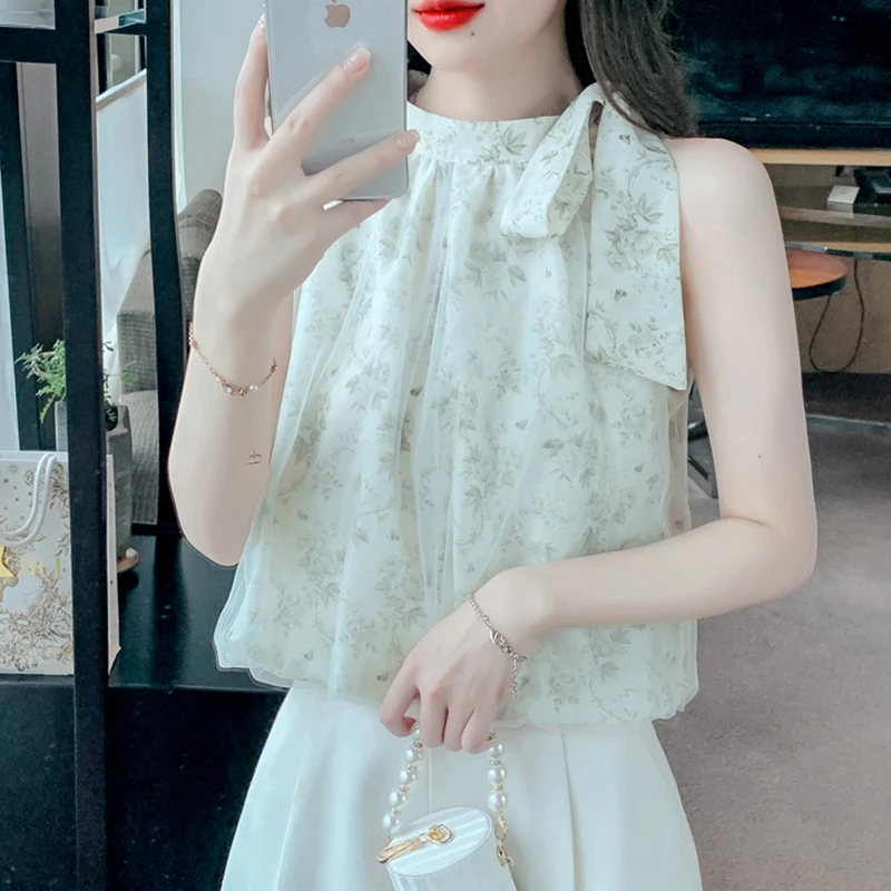 2025夏季新款气质蝴蝶结挂脖露肩碎花雪纺衬衫女甜美减龄无袖上衣