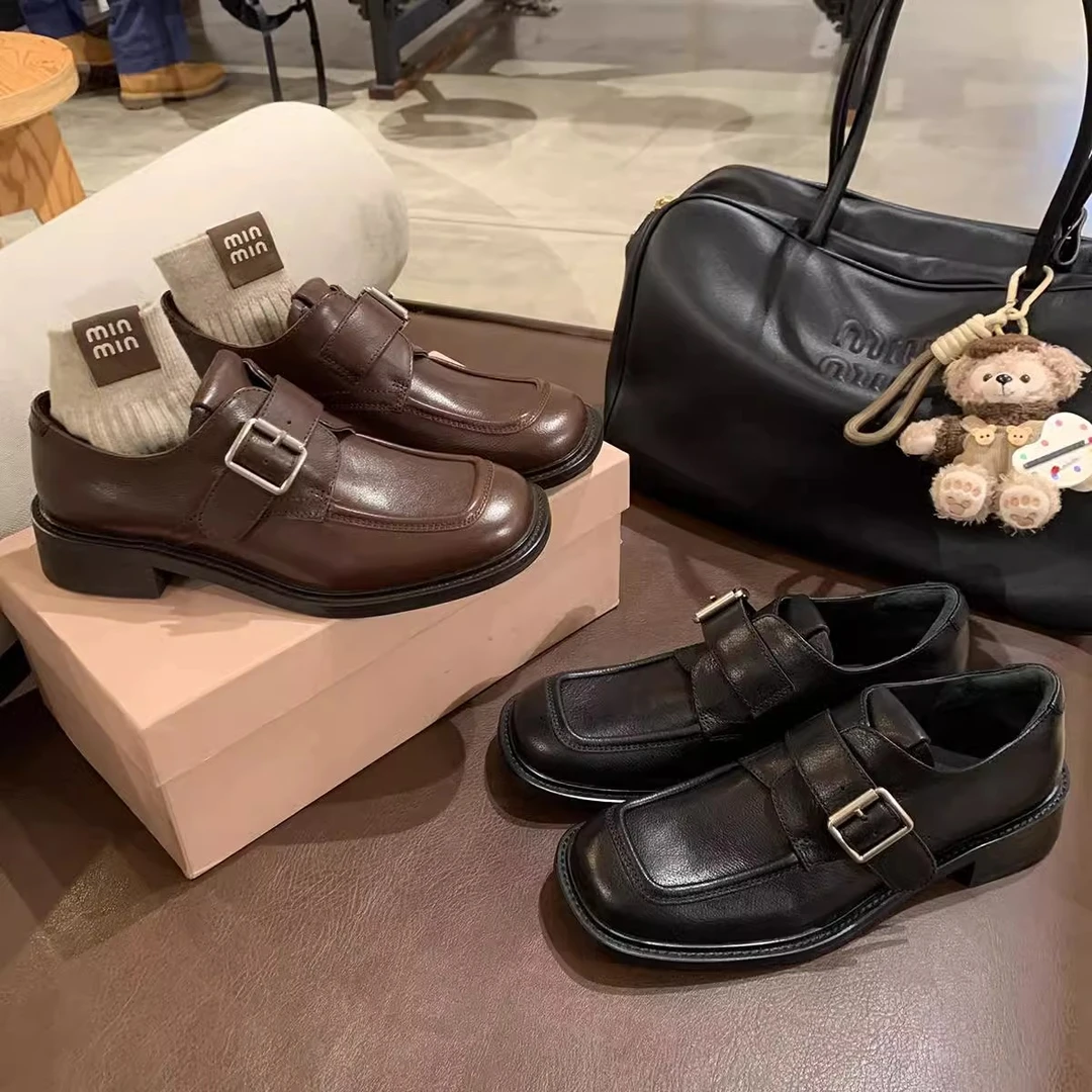 秋冬2025新款英伦风方头复古真皮厚底乐福鞋单鞋女粗跟小皮鞋百搭