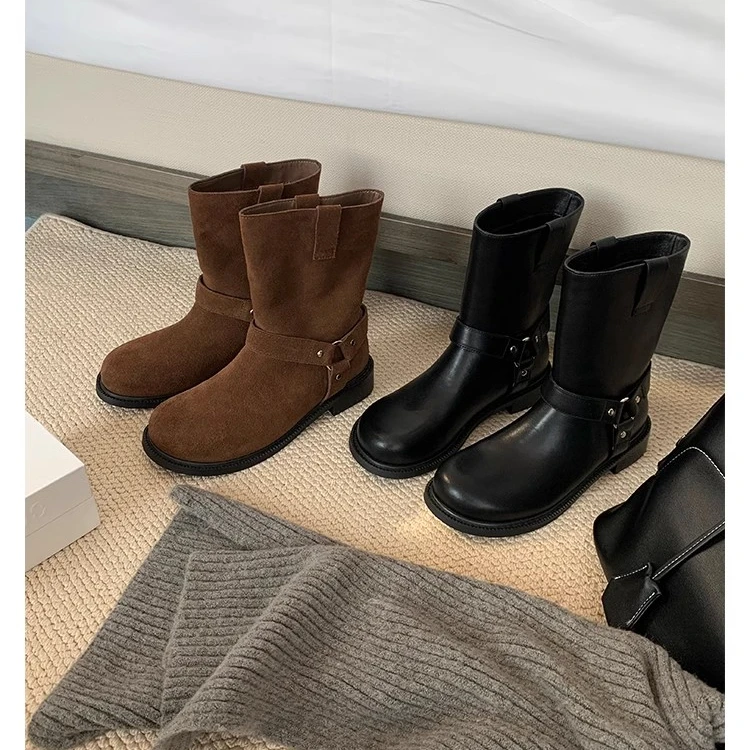 秋冬季2024新款真皮百搭圆头复古低跟西部低帮短筒短靴女加绒厚底