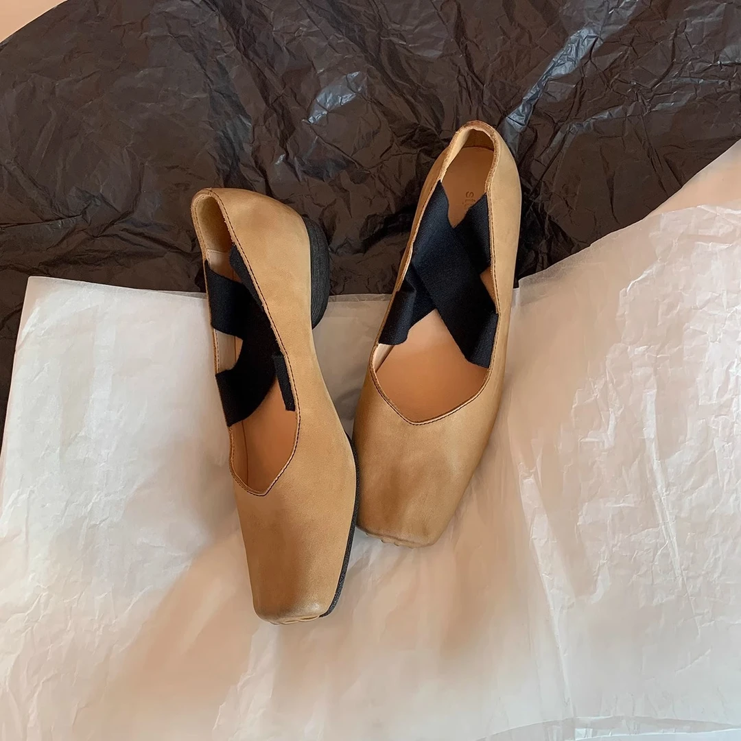 真皮秋季新款百搭方头擦色复古交叉绑带粗跟单鞋女浅口玛丽珍法式