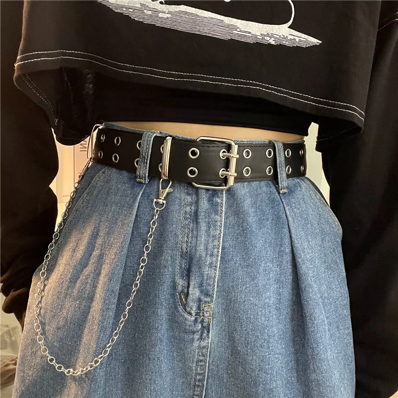韩国男女百搭全孔皮带免打孔青年牛仔裤链条腰带潮朋克风裤带岑熠