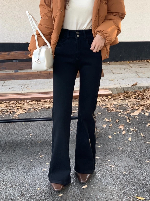 冬季加绒加厚高腰显瘦微喇牛仔裤黑色长裤喇叭裤奥利绒绒质7502