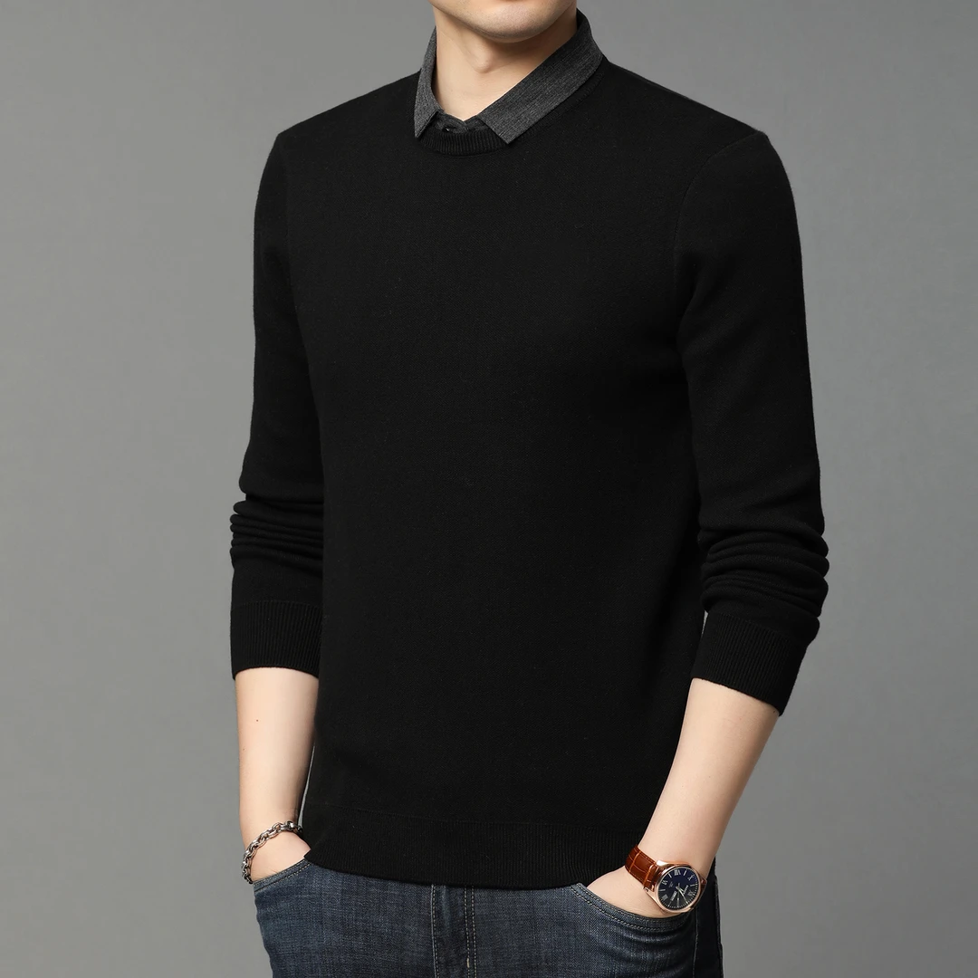 男士春装新款轻商务休闲假两件毛衣纯色简约修身衬衫领针织衫男装