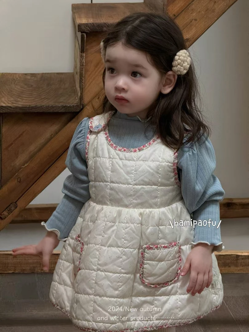 哈米泡芙女宝深秋新款舒适柔软加绒花边领打底衫夹薄棉背心裙两件