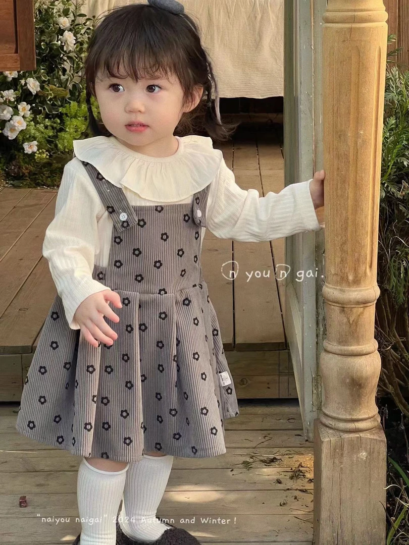 1106奶盖春秋女宝婴幼儿时尚洋气条绒背带裙花边领打底衫两件套