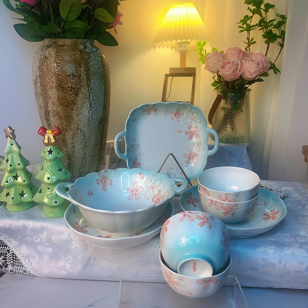 漫舞樱花系列新款家庭餐具套装8件套米饭碗双耳汤碗勺子釉下彩