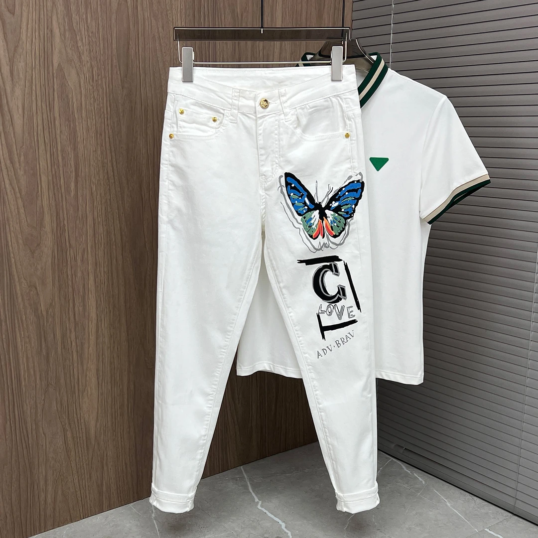 欧货站2025新款男士夏季薄款个性数码印花韩版长裤修身牛仔小脚裤