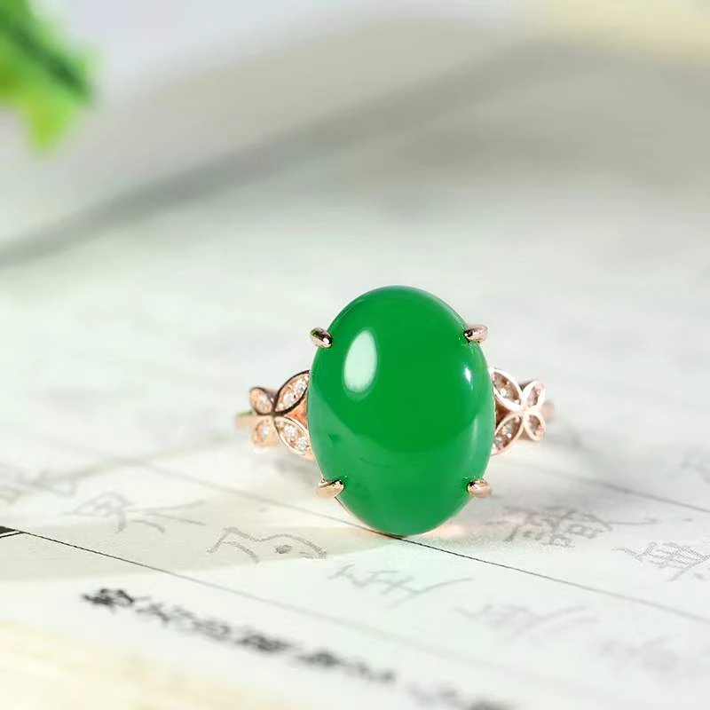 【王妃珠宝】天然绿玉髓满绿戒指卡16玫瑰金色戒托