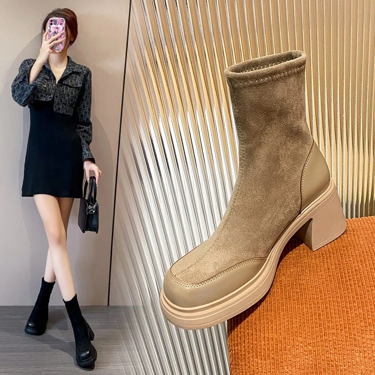 【万达撤柜】法式高跟马丁靴弹力瘦瘦靴爆款小个子厚底单靴粗跟短靴