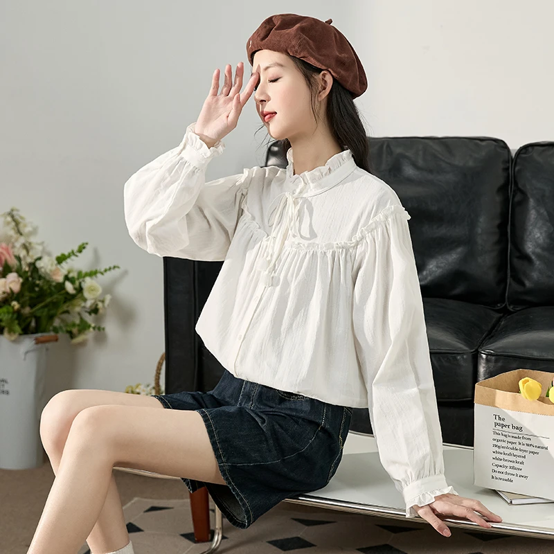 2C201  DB1  唐狮女白衬衫甜美风洋气小衫设计感长袖上衣内搭减龄