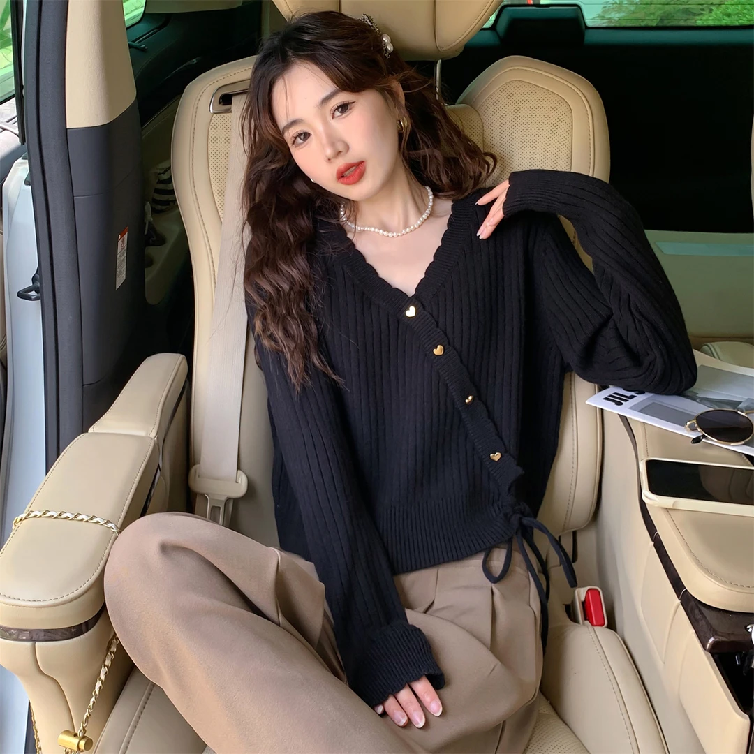 2M670 DB1唐狮女简约感假门襟抽绳设计套头春秋显瘦洋气百搭潮