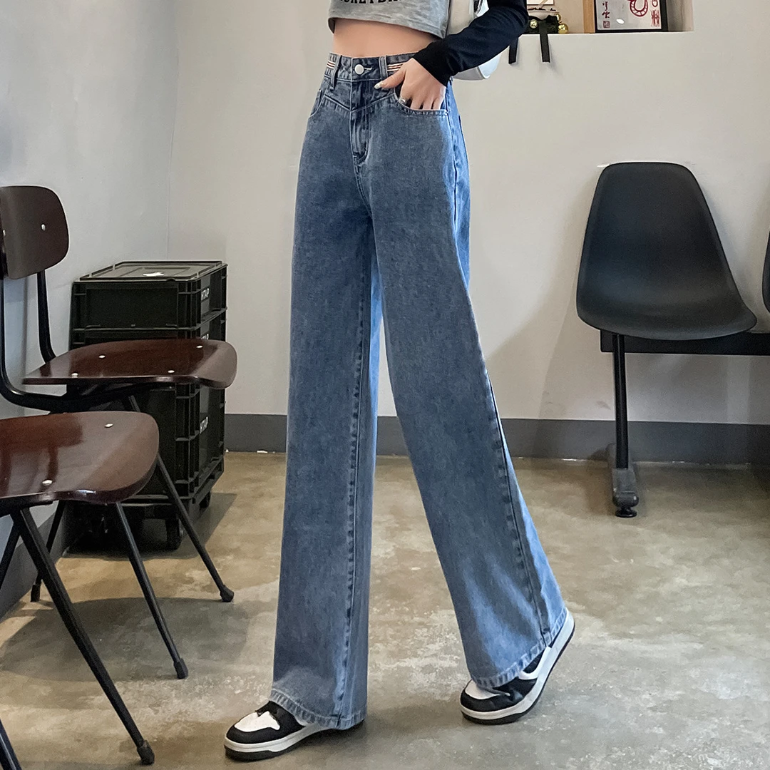 2N192  DB1  唐狮秋季高腰阔腿裤宽松百搭简约休闲牛仔长裤复古