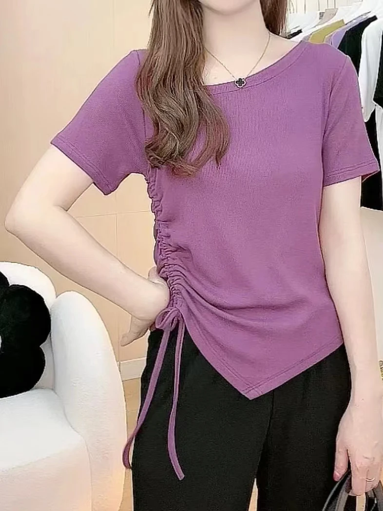 2025网红款春夏季设计感不规则抽绳遮肉百搭洋气时尚V领气质上衣