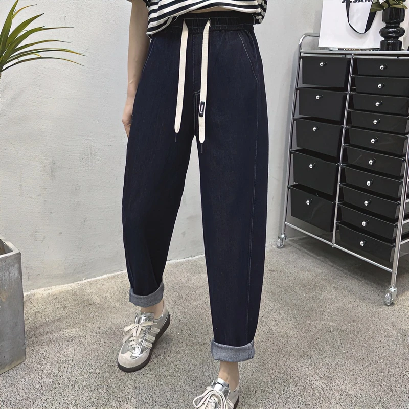 「普洗蓝防掉色」春夏新款宽松抽绳系带松紧腰哈伦牛仔裤萝卜裤女