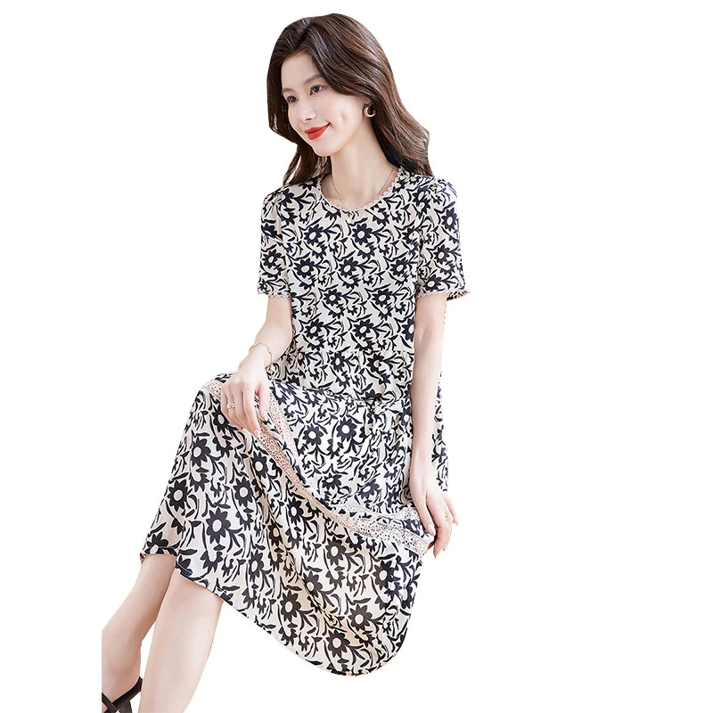 【品牌奥莱】丝柏舍夏季女时尚连衣裙圆领印花短袖中长裙S42B1207L