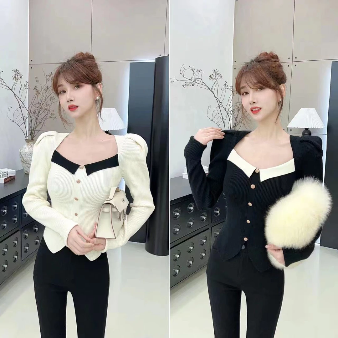 【保价双十一】《小香风》撞色方领针织上衣（前长52）打底法式秋冬