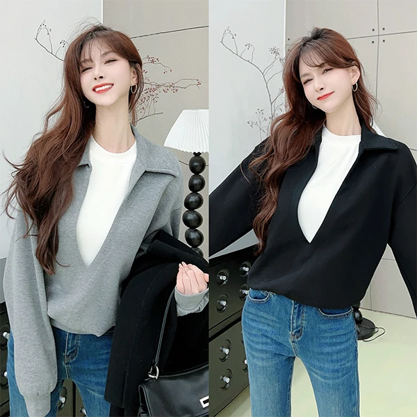 《松弛感》慵懒百搭假两件太空棉深V卫衣 （衣长58）（#8372）