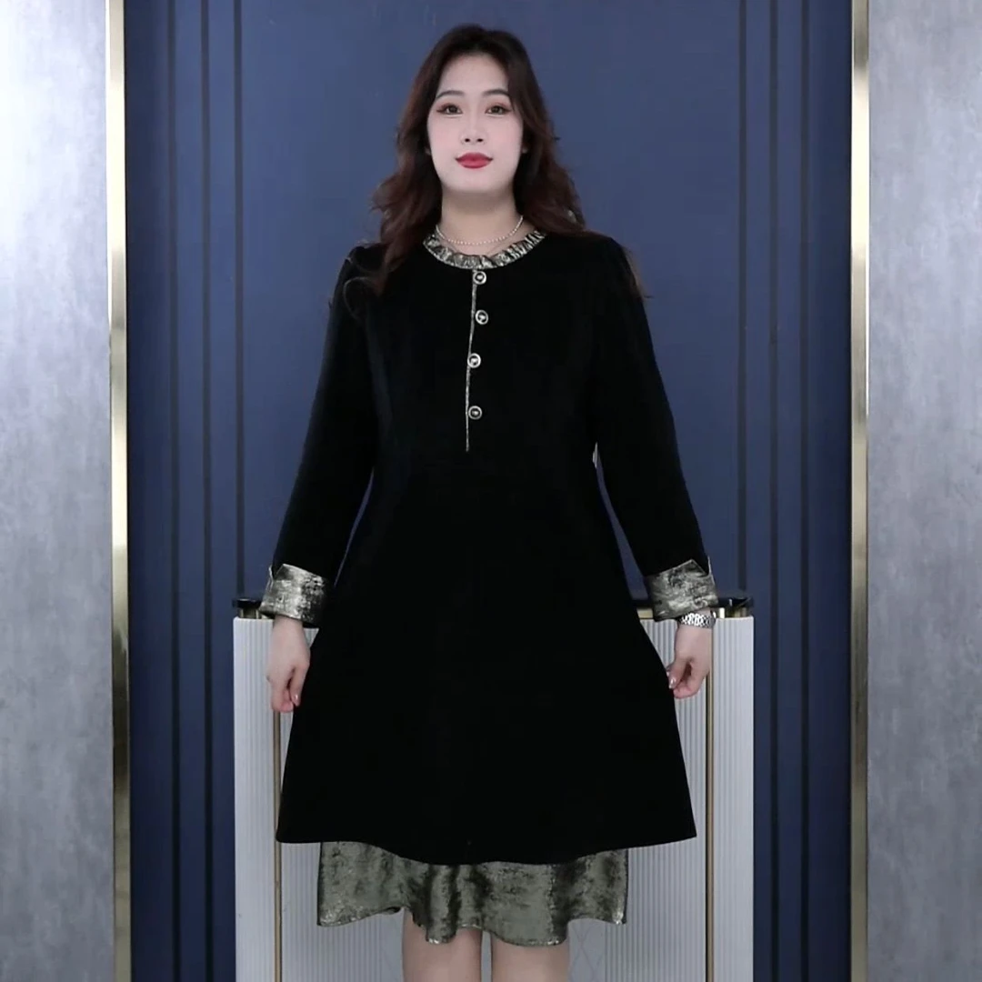 2025秋季大码女装国风显瘦拼接宽松气质木耳花边领连衣裙ZB5636