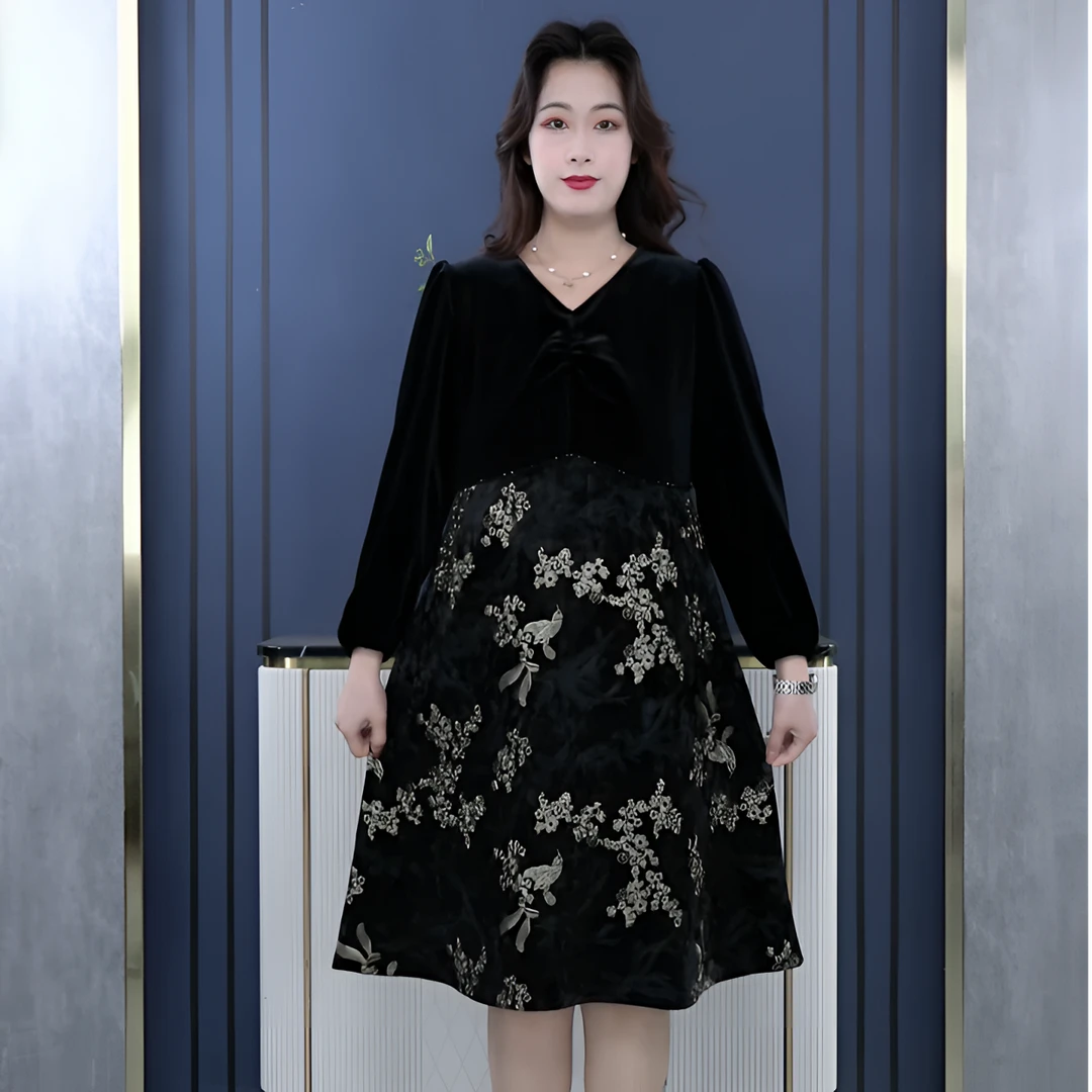 薇姐大码女装秋冬新款显瘦气质长袖时尚黑色中长款连衣裙241533