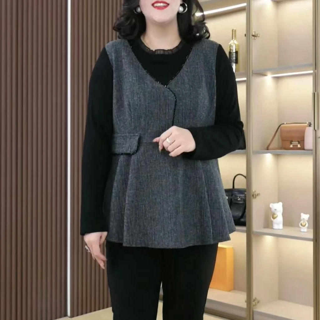 秋季新款大码拼接假两件气质宽松显瘦遮肉串珠上衣ZB6306