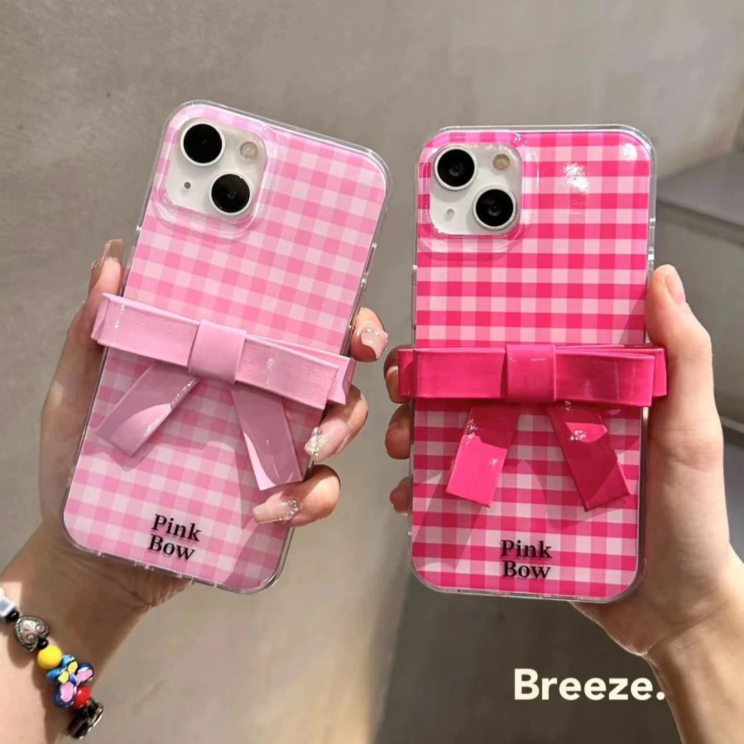 小众ins格纹粉蝴蝶结适用iPhone13苹果手机壳14promax新款12/11女