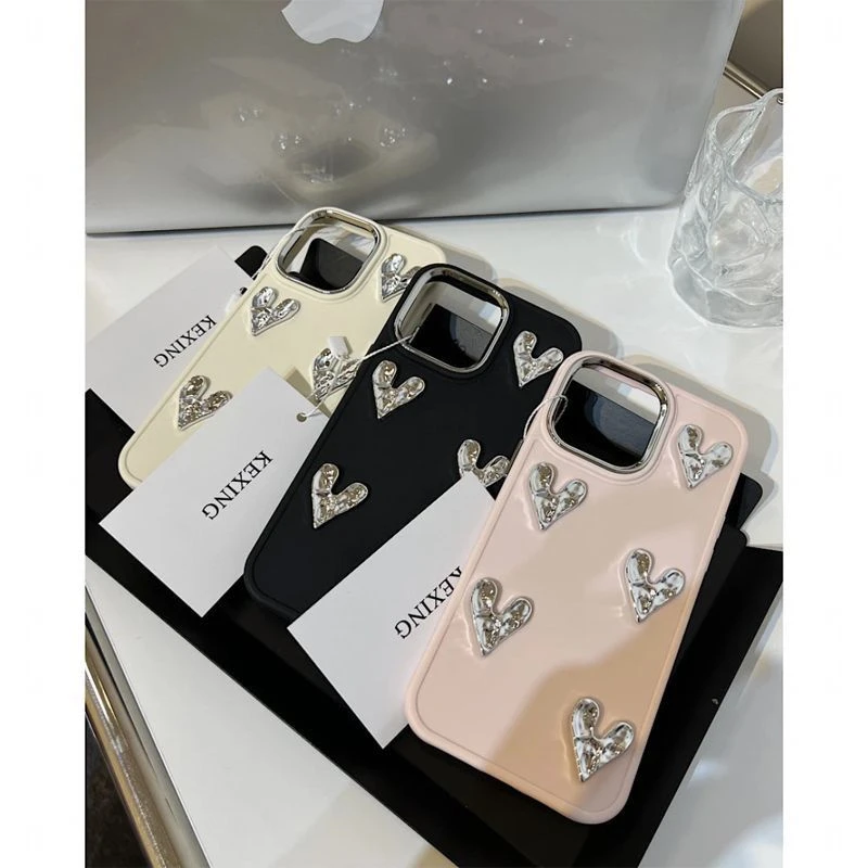 ins高级感立体银色爱心适用苹果15pro/14手机壳iphone11软12女13