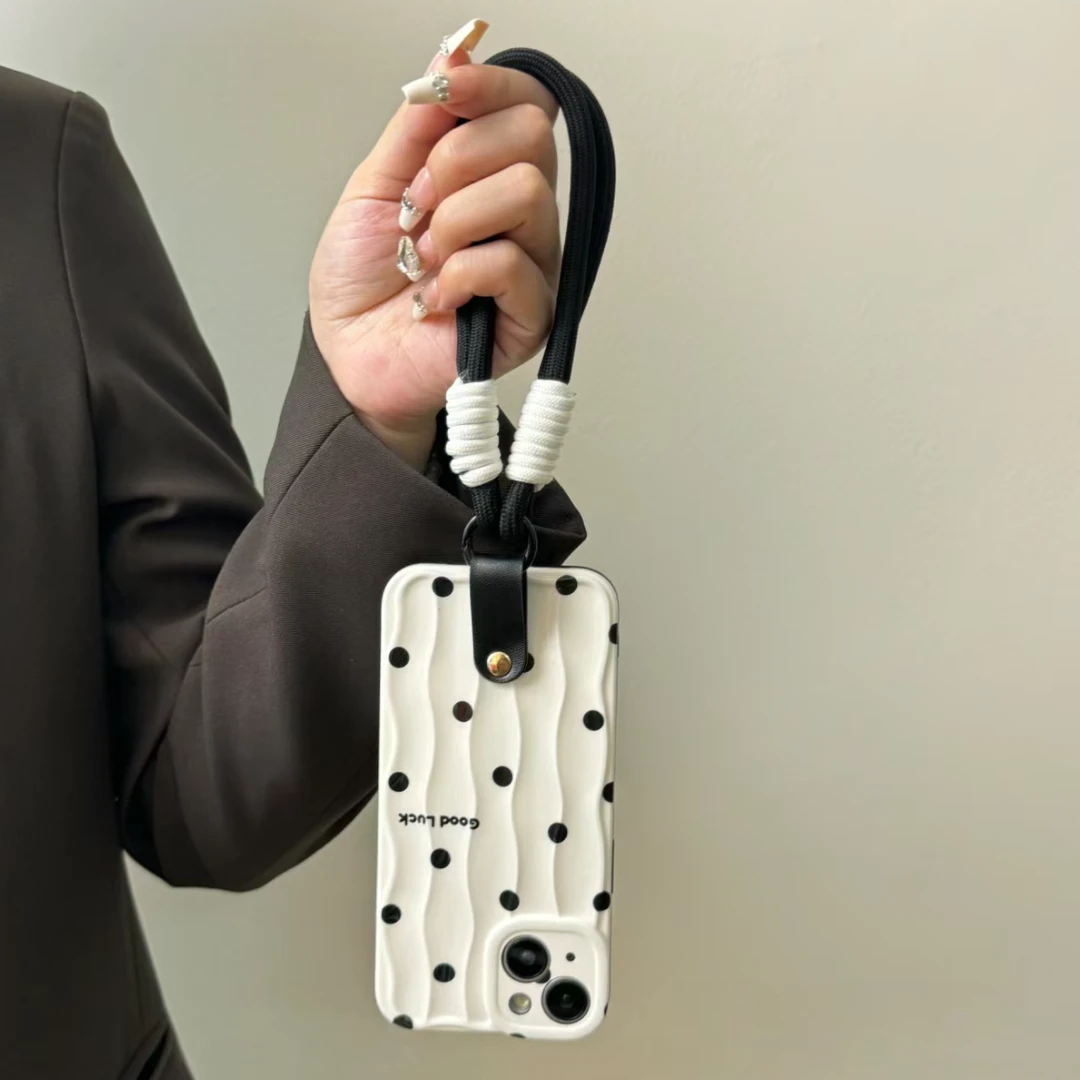 韩风ins条纹波点腕带苹果15手机壳iPhone14promax短绳13全包12女x