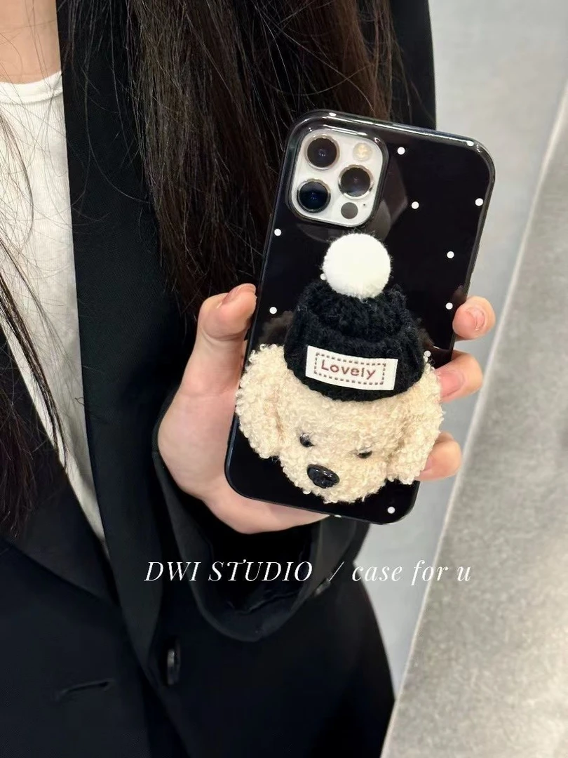 卡通ins毛绒狗狗支架适用苹果15/14promax手机壳iPhone13新12女11