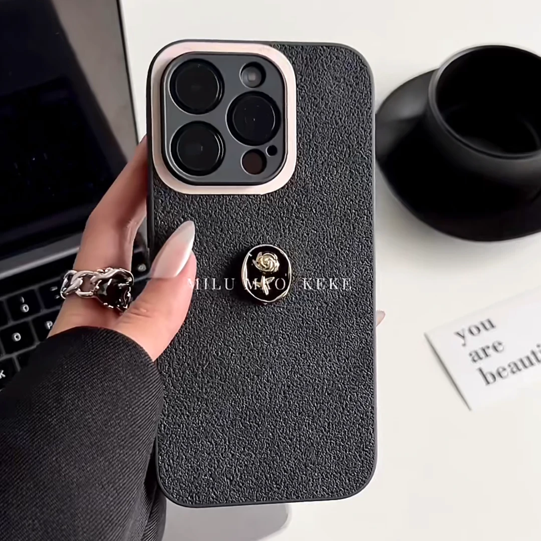 高级灰金属复古玫瑰花iPhone15苹果14promax手机壳13防摔12全包11