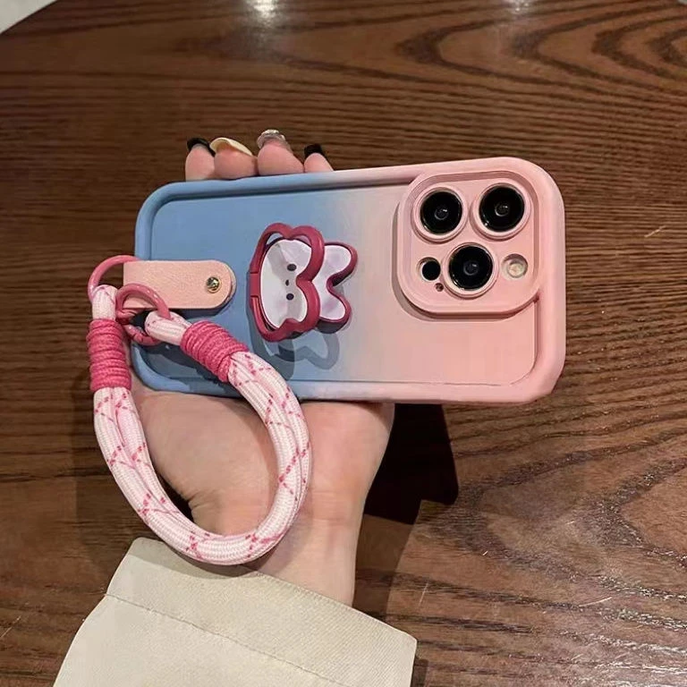 渐变相框粉蓝兔子支架手提绳苹果15pro手机壳iPhone14/13可爱女xs