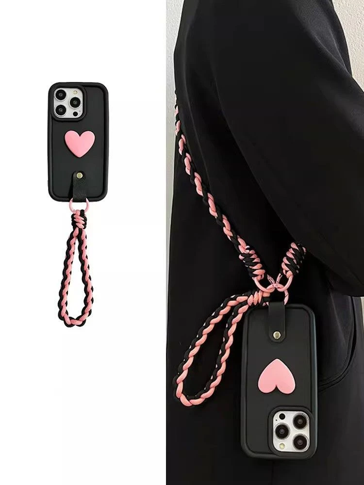 粉色爱心斜挎绳适用iPhone14promax手机壳15苹果13新款12软壳11女