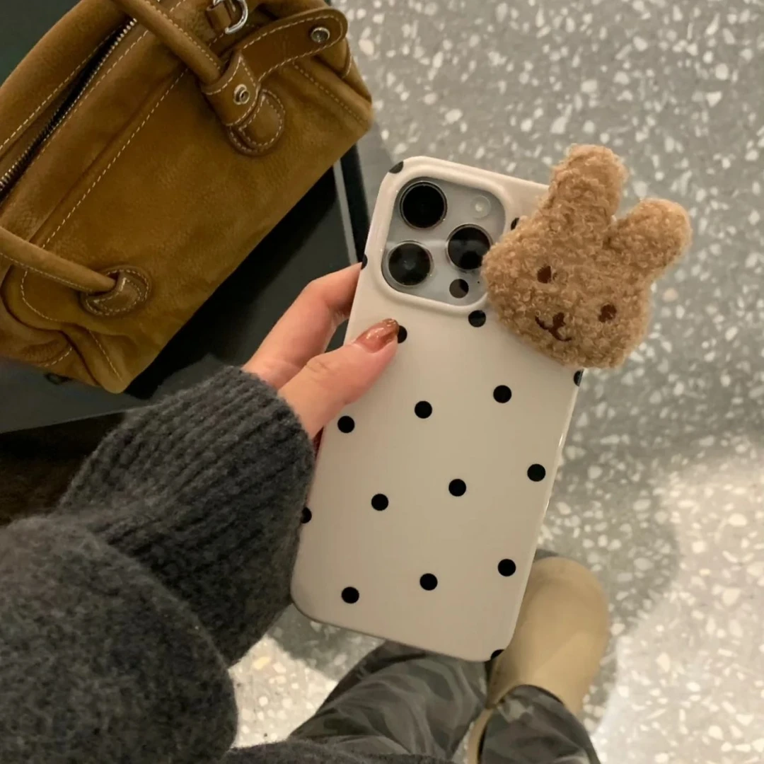秋冬ins波点毛绒兔头适用15promax手机壳苹果14女iPhone13/12软11
