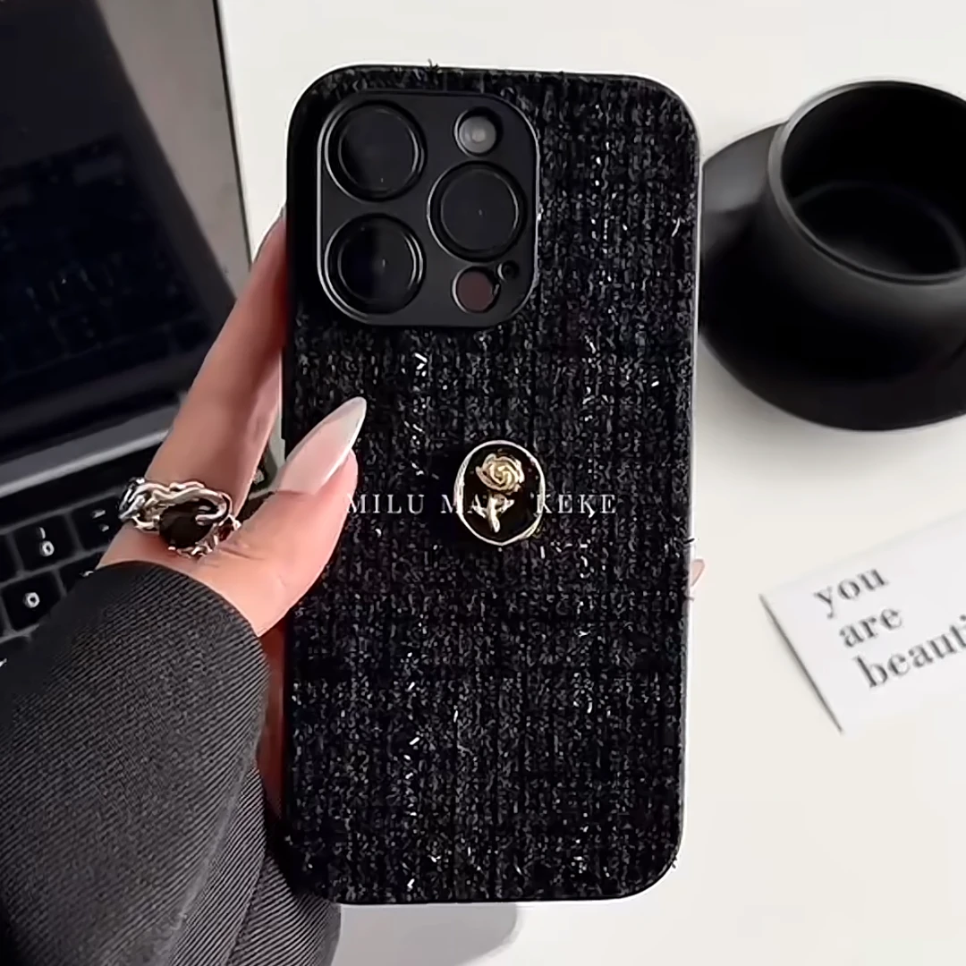 高级感细闪编织玫瑰花iPhone15promax手机壳苹果14新款13防摔12女