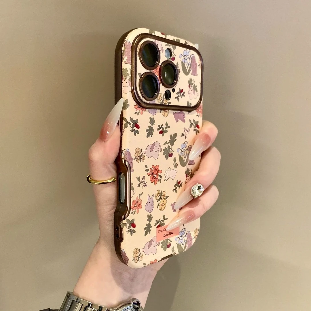 复古皮质花朵兔子适用于苹果16手机壳iPhone14/15防摔13全包12女